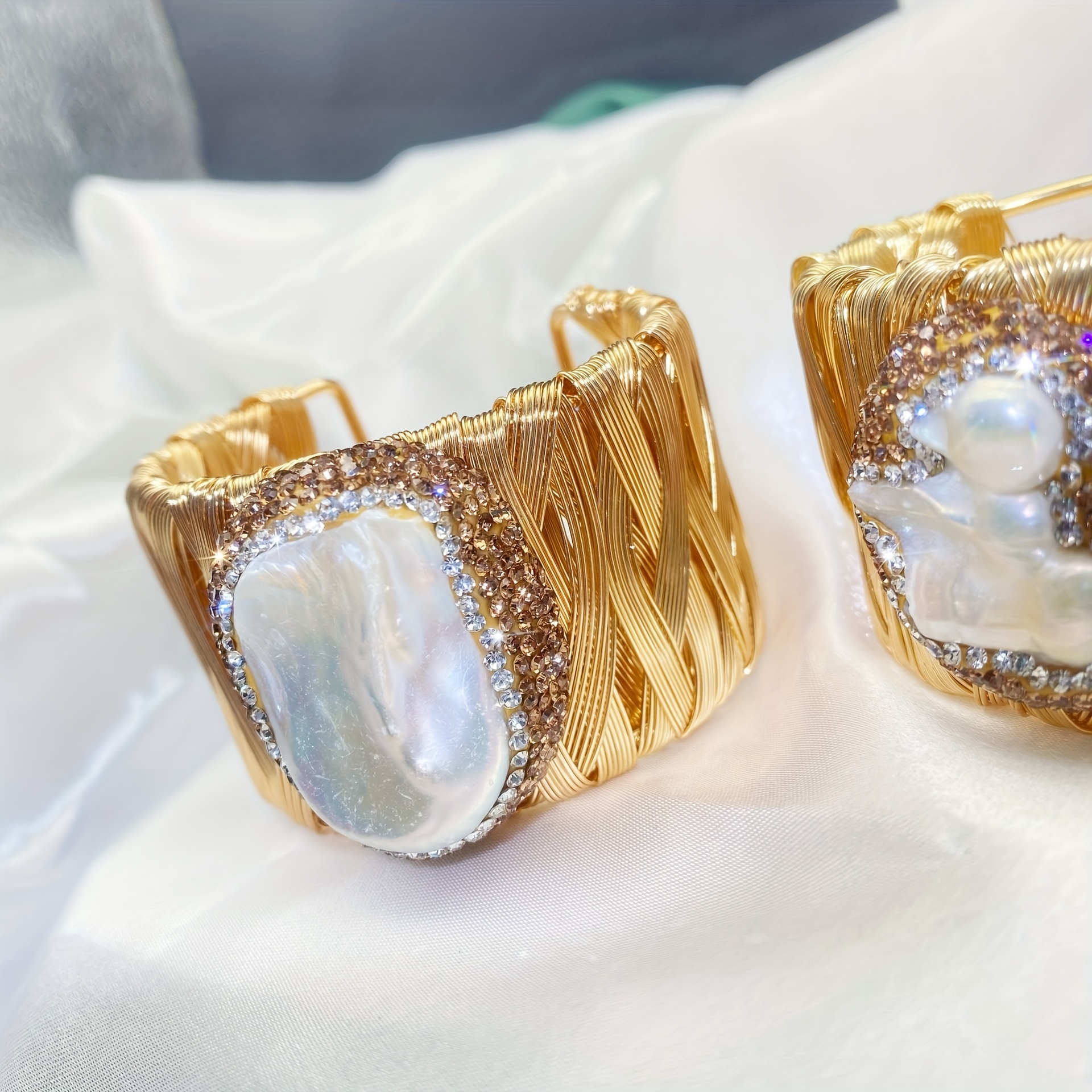 Baroque Pearl Cuff Bracelet with Rhinestone Accents